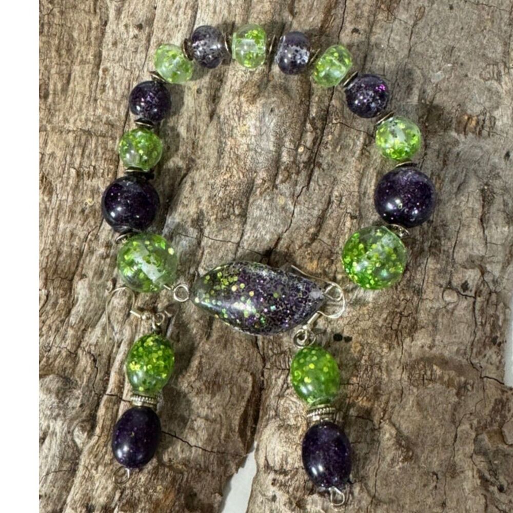 Handmade Purple and Green Resin and Glitter Bracelet and Dangle Earring set